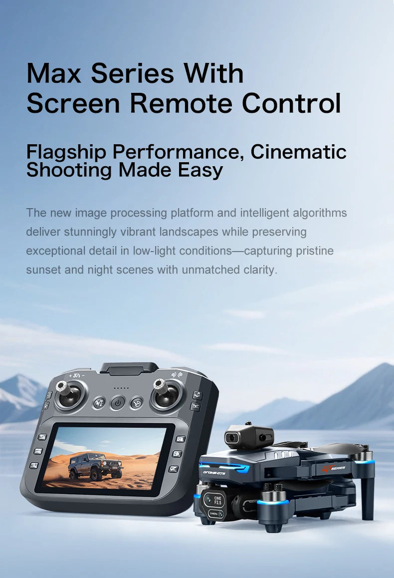 Remote control device with screen and drone on a mountainous landscape background