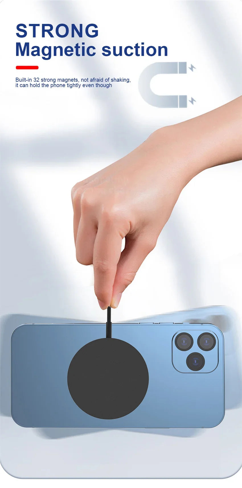 Hand lifting iPhone using strong magnetic wireless charger with secure suction attachment.