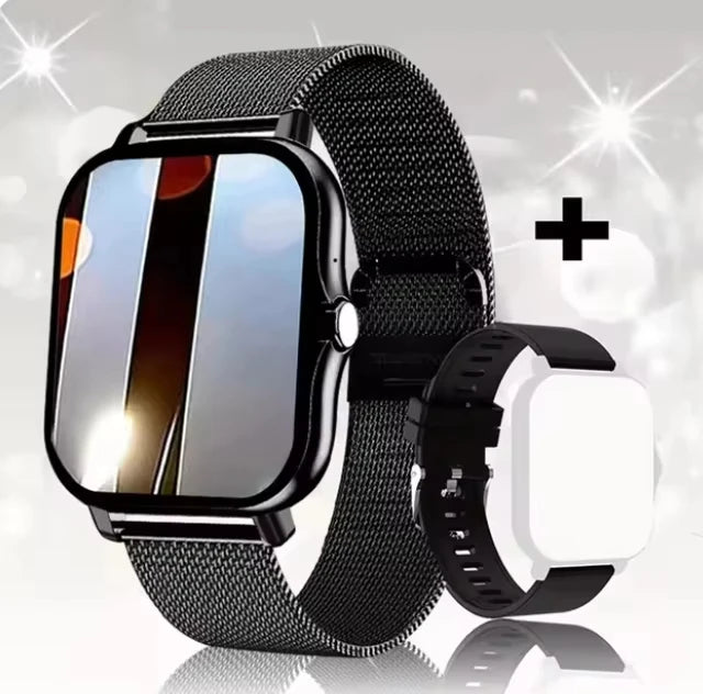 Smartwatch with black metal band and additional white component on a reflective surface.