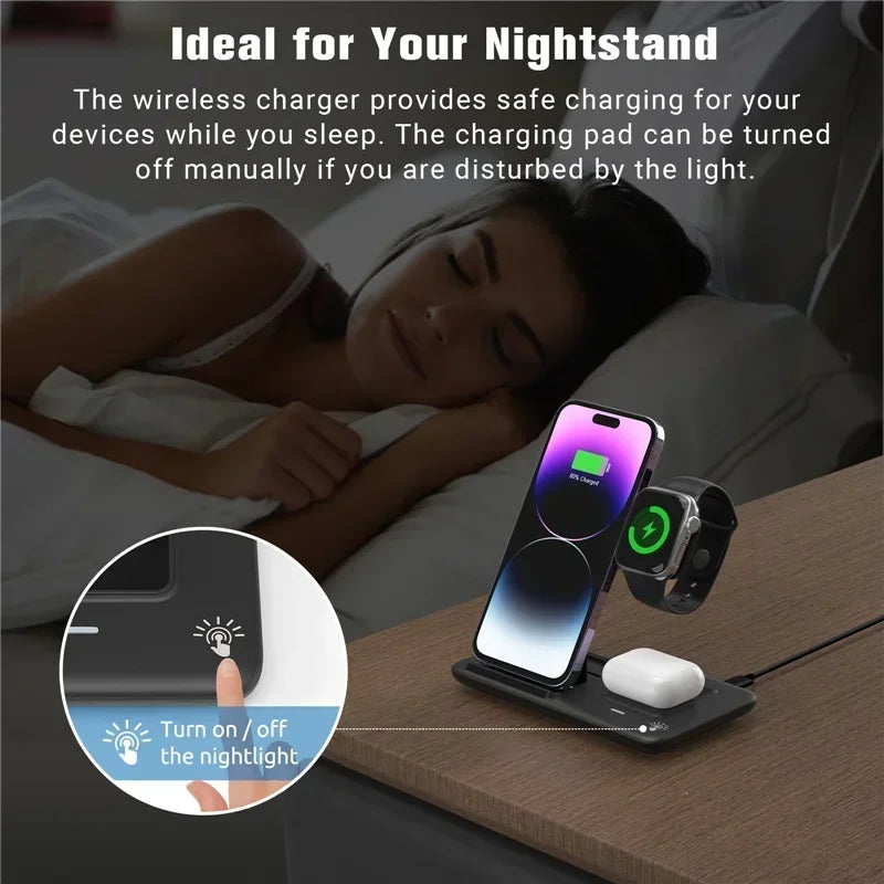 Wireless charging pad with phone, watch, and mouse on a nightstand with text about safe charging for sleep.