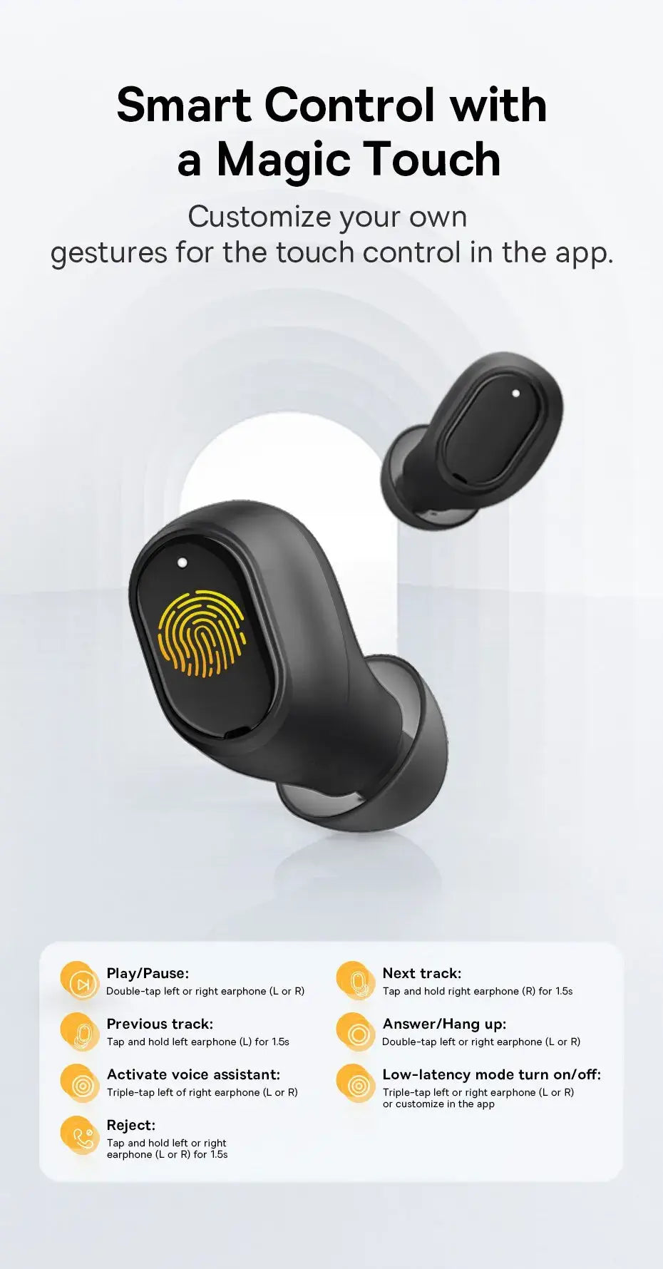 Black and white wireless earbuds with touch control gesture icons on a light gray background