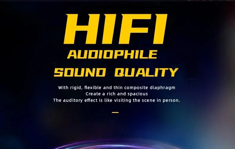 Advertisement for HiFi audiophile sound quality with yellow text on a dark background
