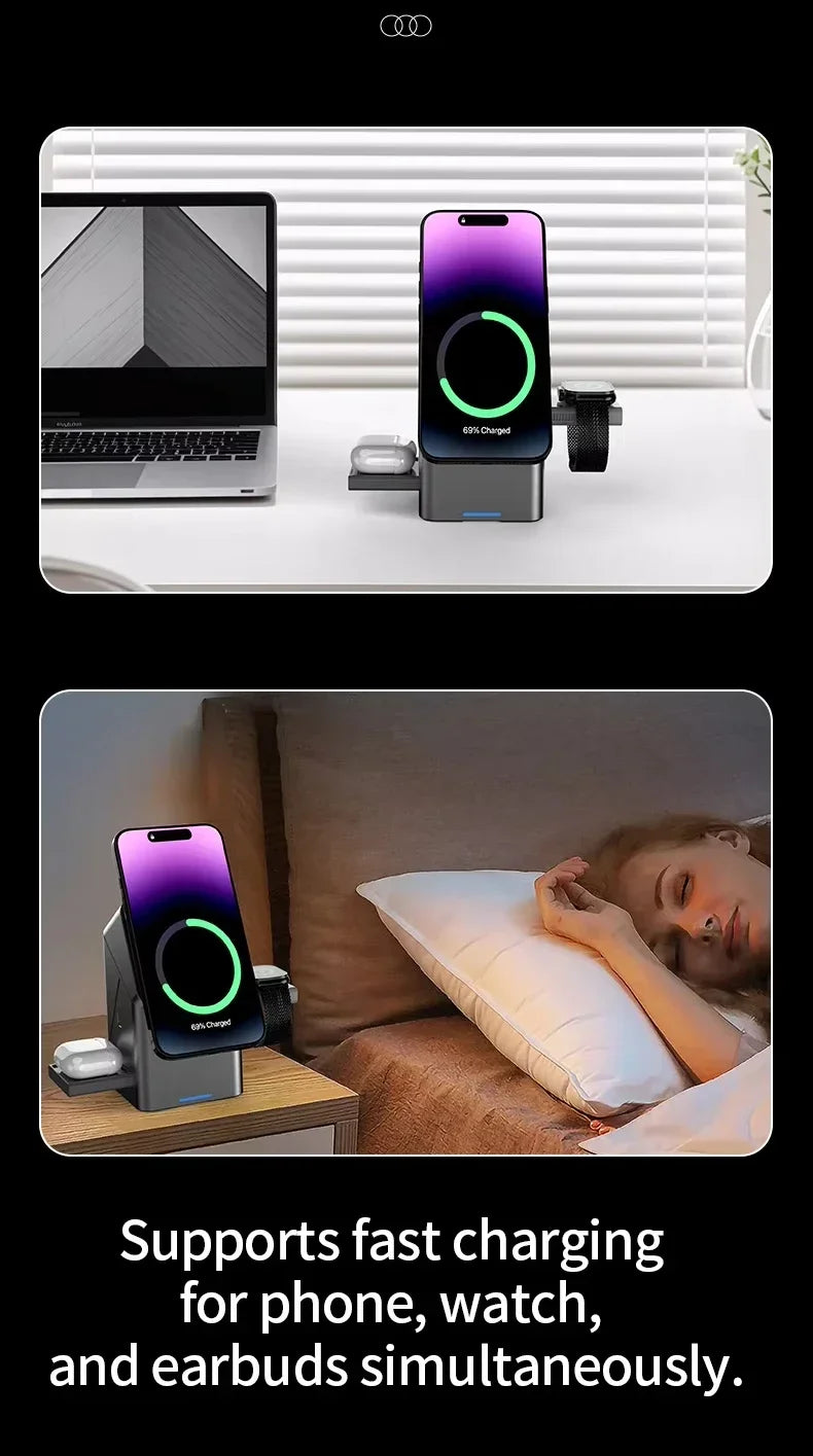 Multi-device charging station with smartphone, laptop, and earbuds on a white surface.