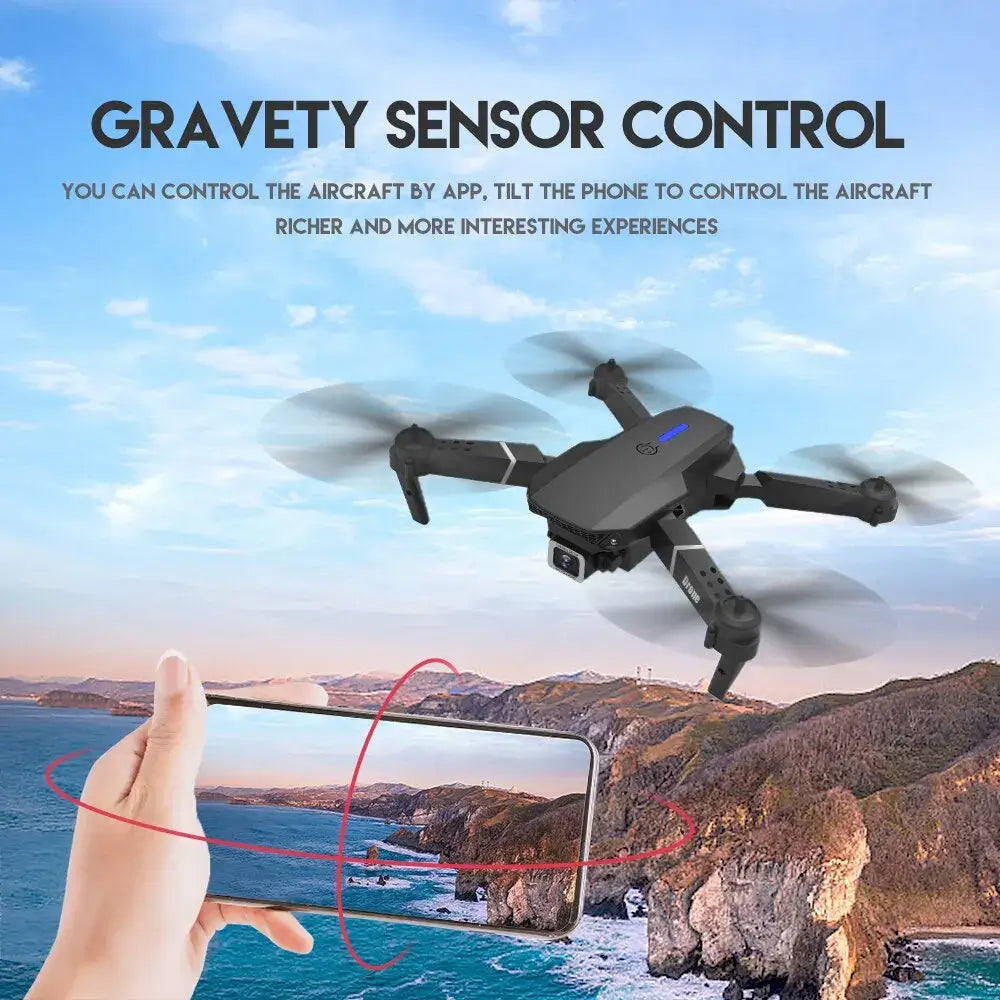 E88 Pro drone with gravity sensor control feature, operated via phone app over a scenic landscape