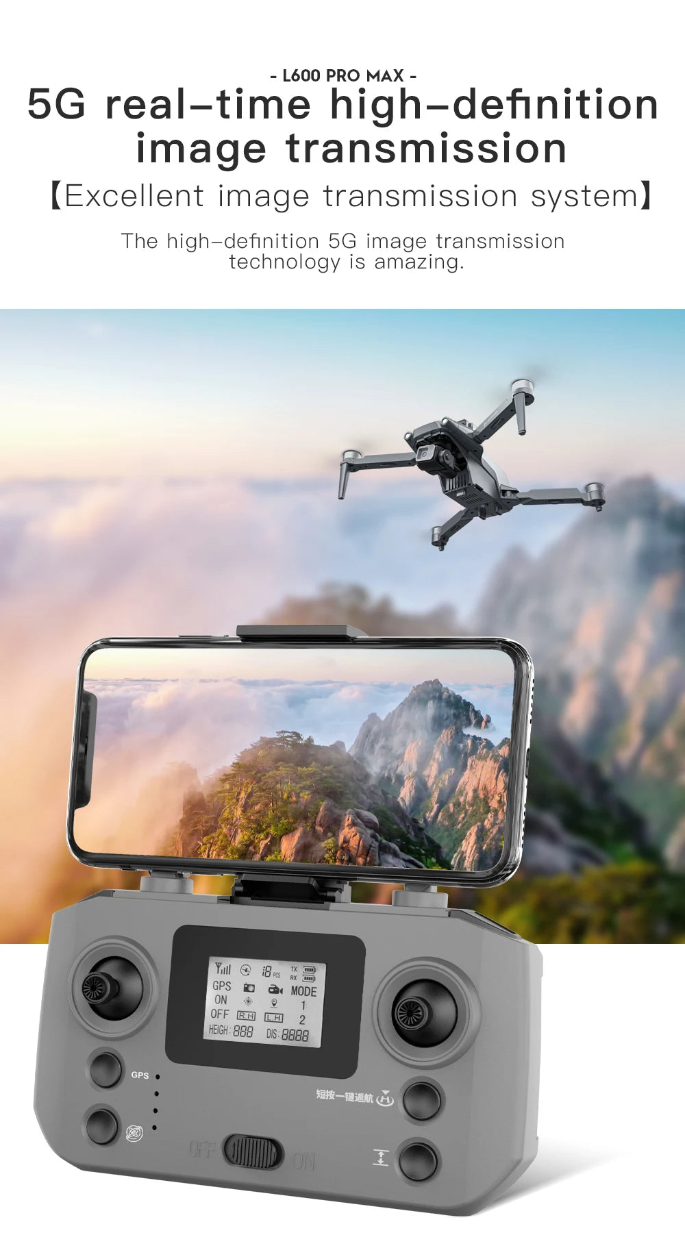 Drone with a smartphone displaying a scenic view, set against a mountainous landscape.