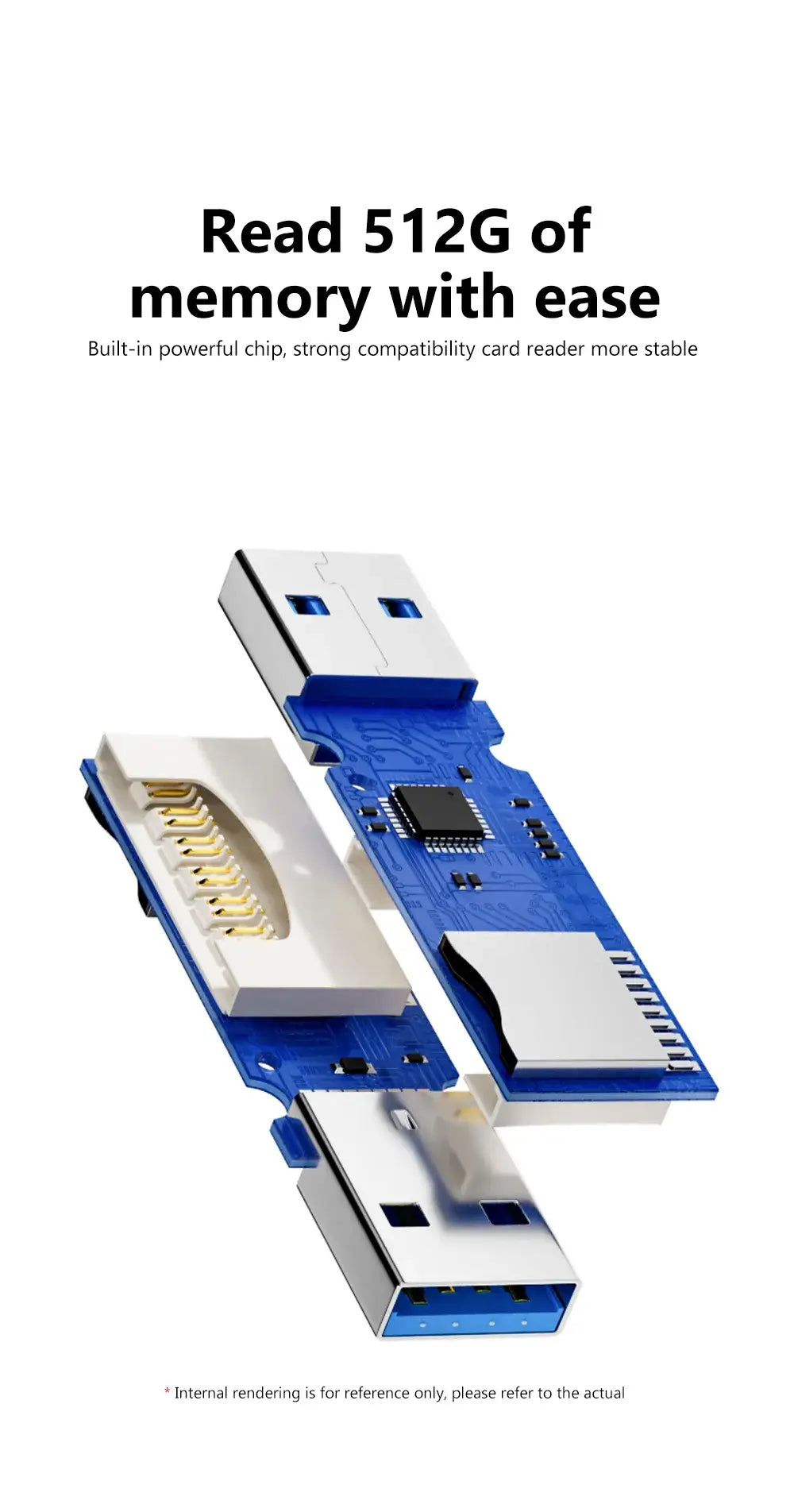 Memory card reader with text on a white background
