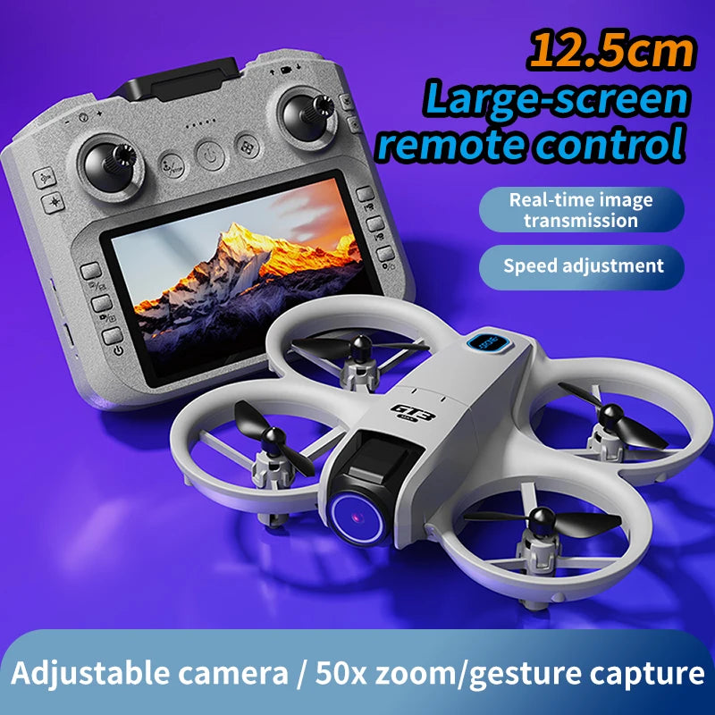 Drone and remote control with screen on a purple background