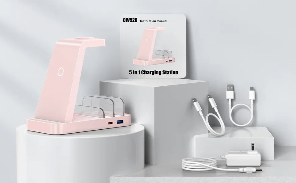 Pink 5-in-1 charging station with cables on a gray background