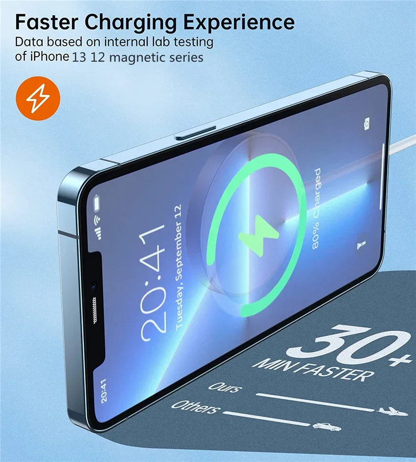 iPhone charging with magnetic wireless charger showing faster charging speed 30 minutes quicker than others.