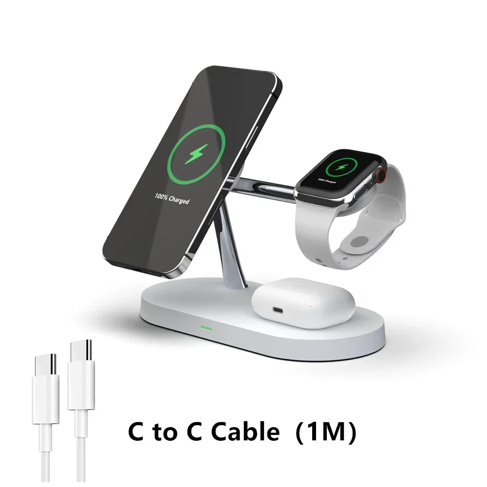 Multi-device charging stand with phone, watch, and wireless earbuds on a white background.