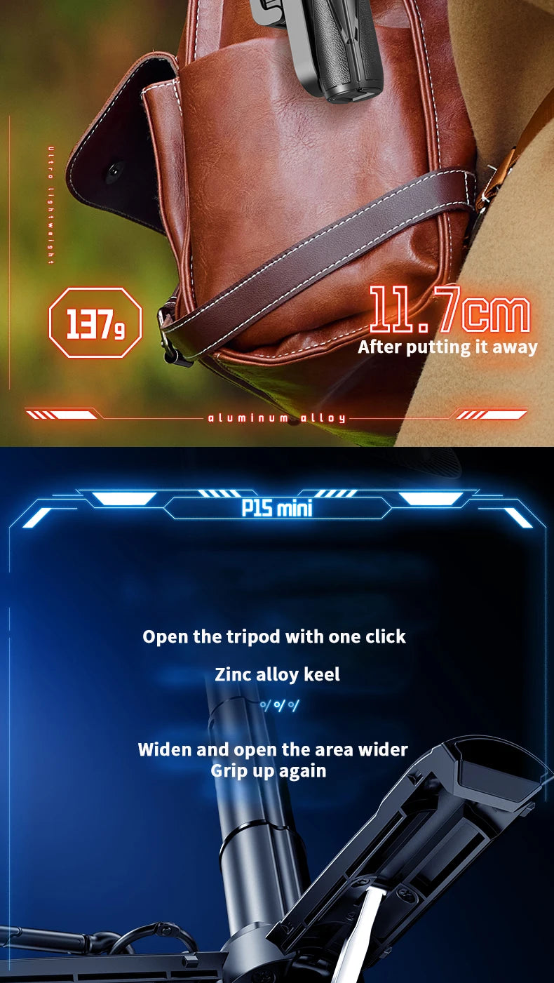 Brown leather bag with a gun holster and technical specifications, followed by a blue background with a tripod and text.