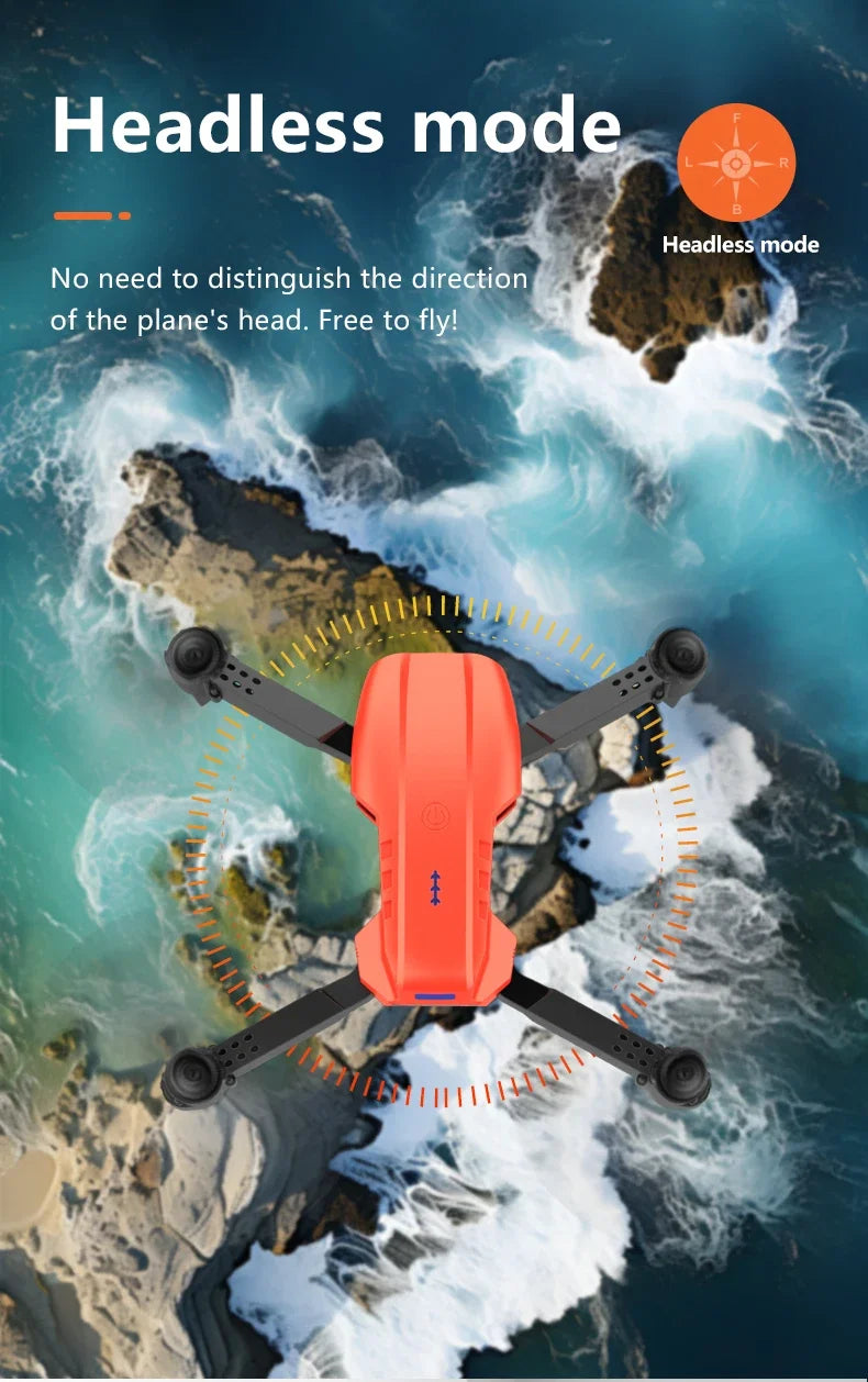Orange drone flying over a coastal landscape with text about headless mode.