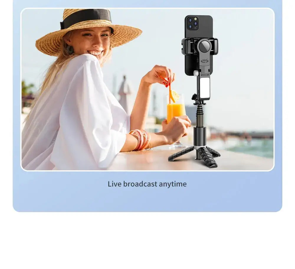 Woman with a smartphone on a tripod by a waterfront, with text 'Live broadcast anytime'.