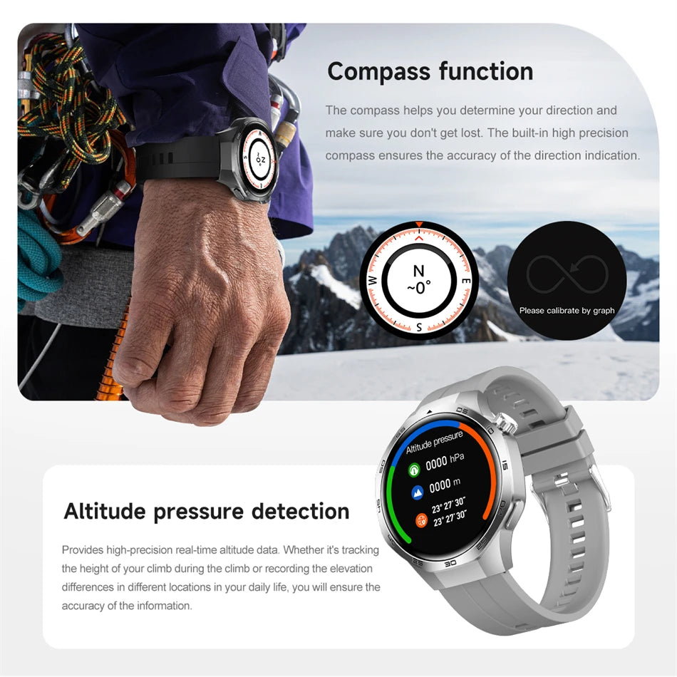 Smartwatch with compass and altitude pressure detection features, worn on a wrist with climbing equipment.