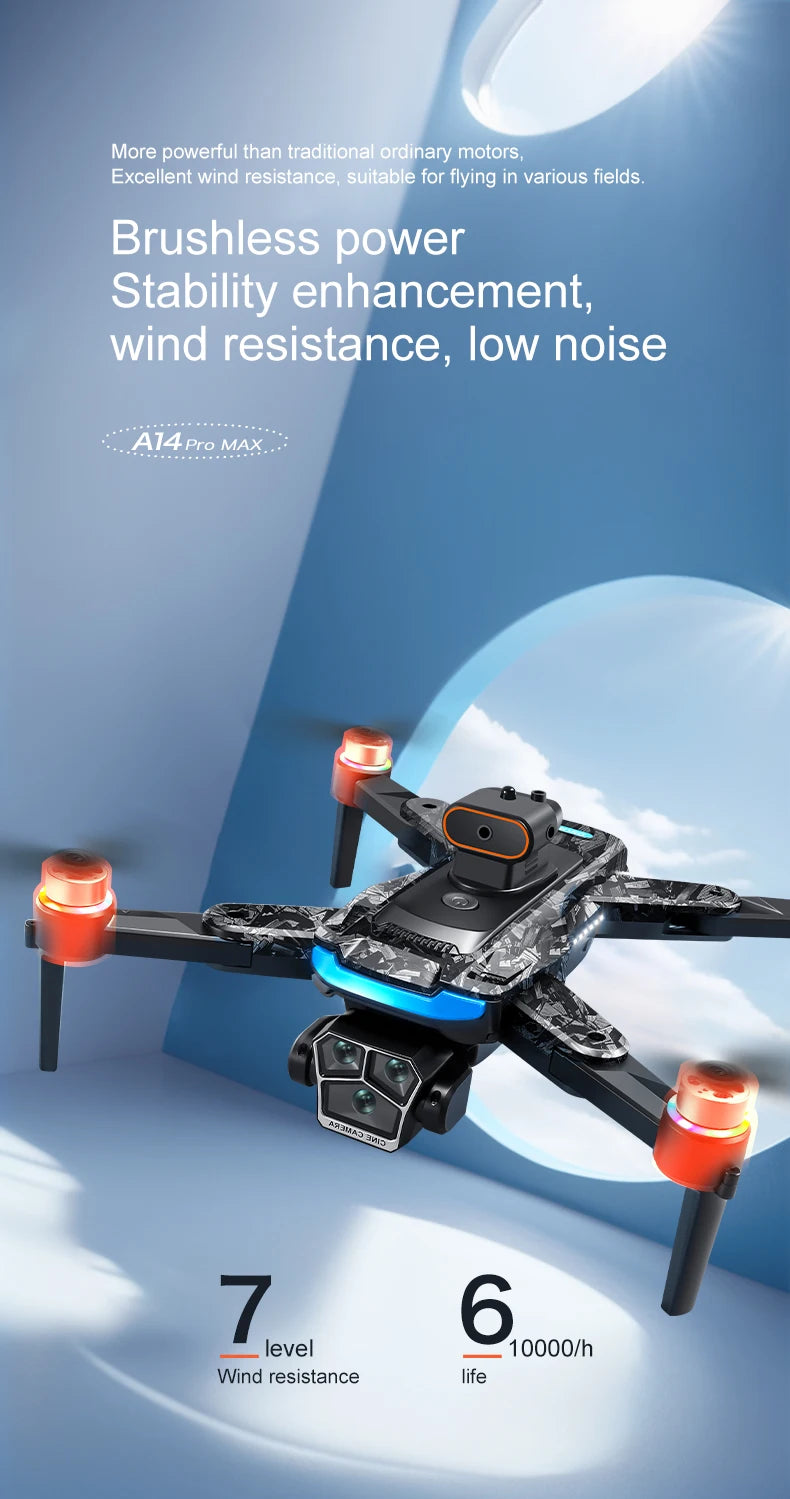 Drone with text highlighting features on a blue background