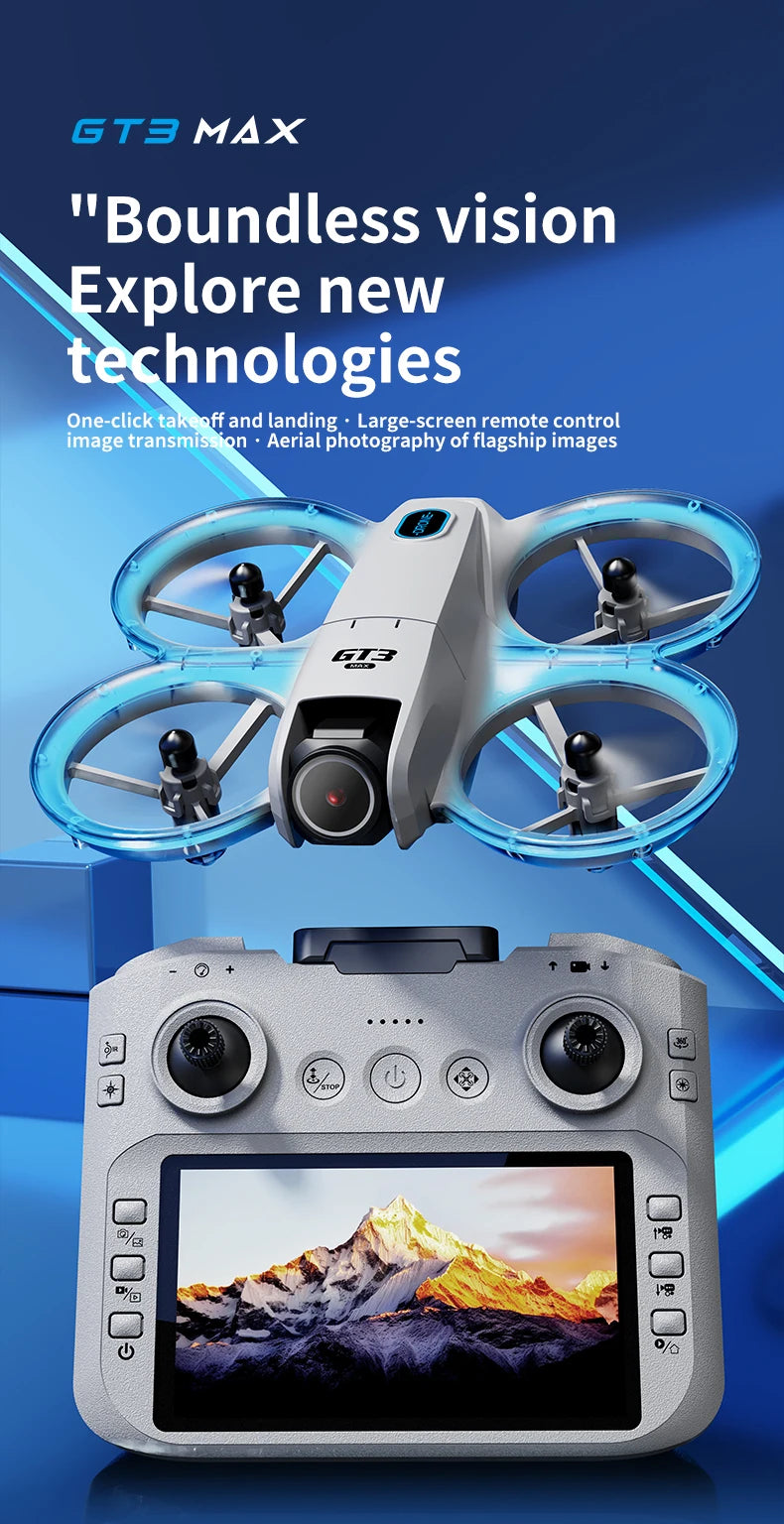 Drone with remote control on a blue background, featuring text about boundless vision and new technologies.