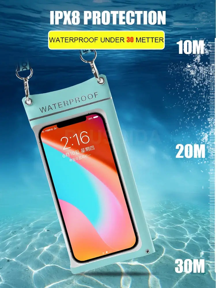 Waterproof phone case with smartphone display, featuring IPX8 protection and water resistance up to 30 meters