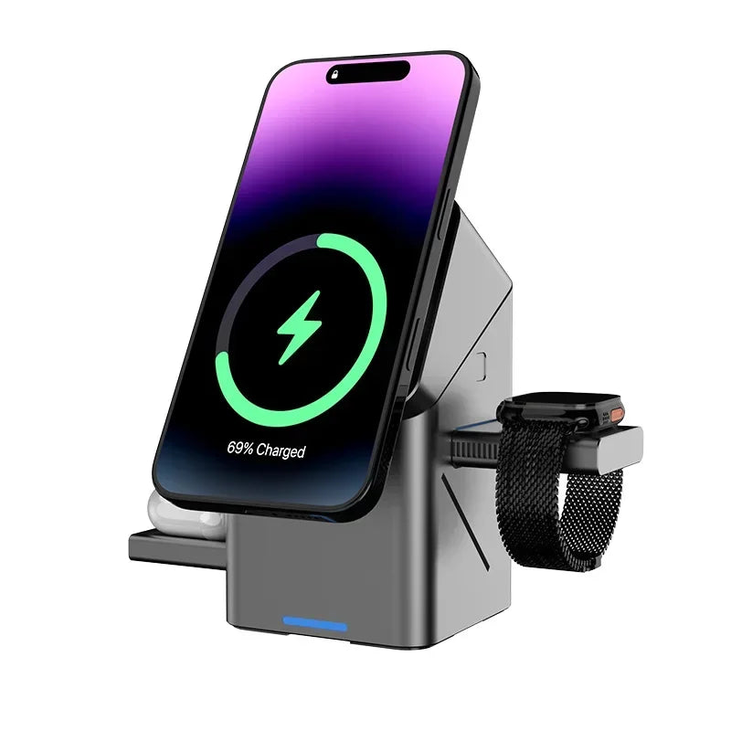 Wireless charging station with smartphone and smartwatch on a white background
