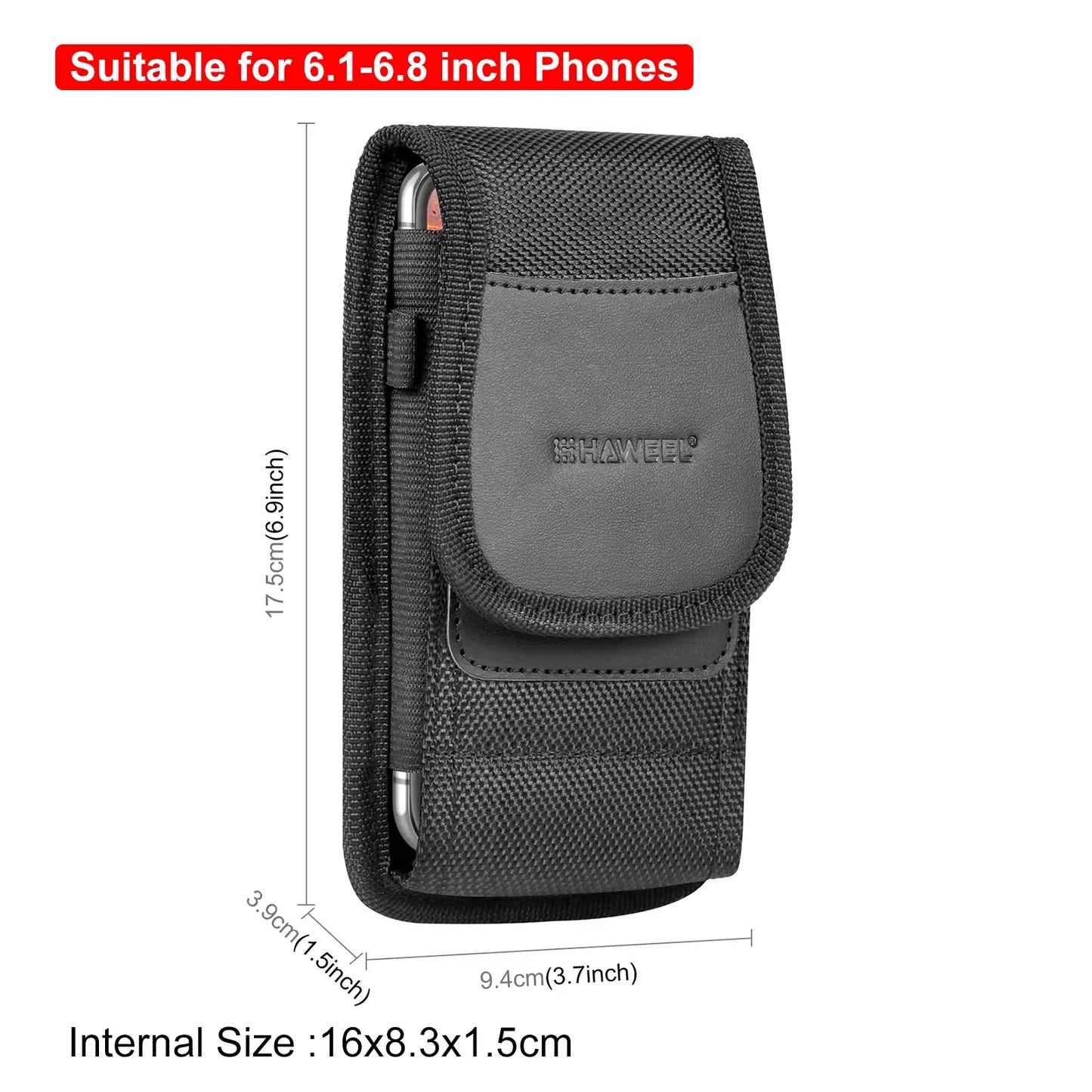 Black phone case with measurement details displayed on a white background