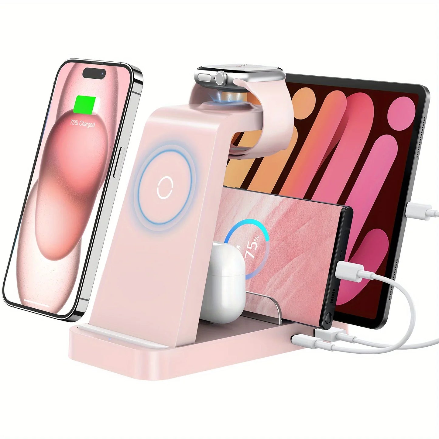 Pink wireless charging station with smartphone, tablet, and earbuds on a white background