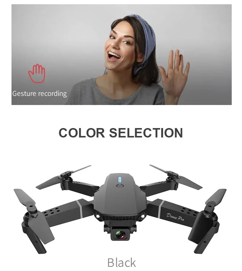 Woman with a drone and color selection text on a gray background