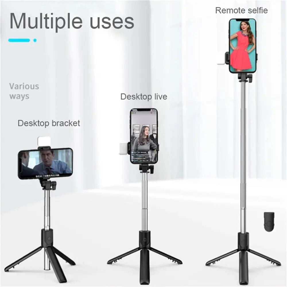Smartphone holder with multiple uses including remote selfie, desktop live, and desktop bracket on a white background.