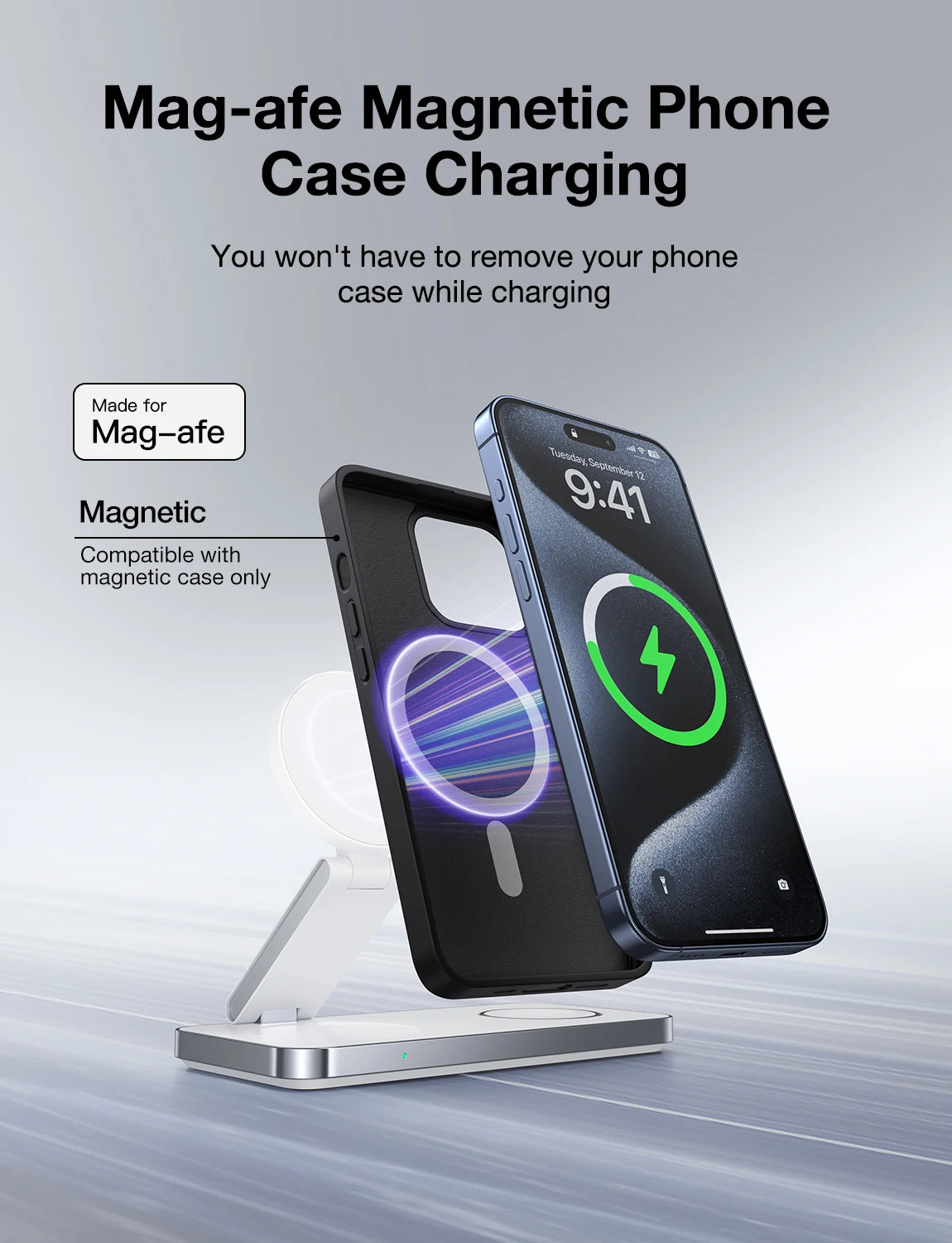 Mag-afe magnetic phone case charging stand with smartphone on a gray background