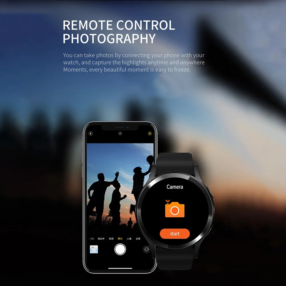 Smartphone and smartwatch displaying camera app interface with 'Remote Control Photography' text.
