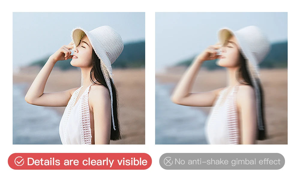 Side-by-side comparison of a woman wearing a hat on a beach with and without a stabilizer effect.