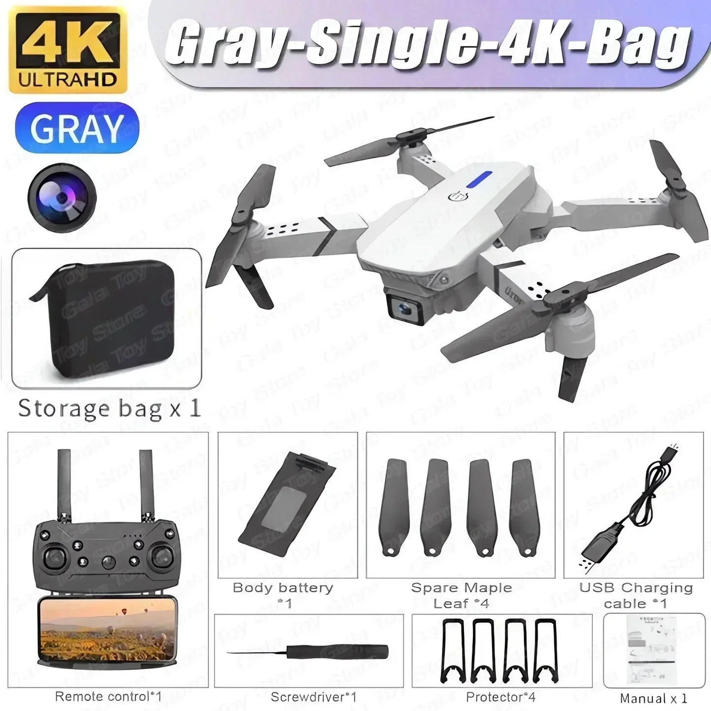 Drone with accessories and packaging on a purple background