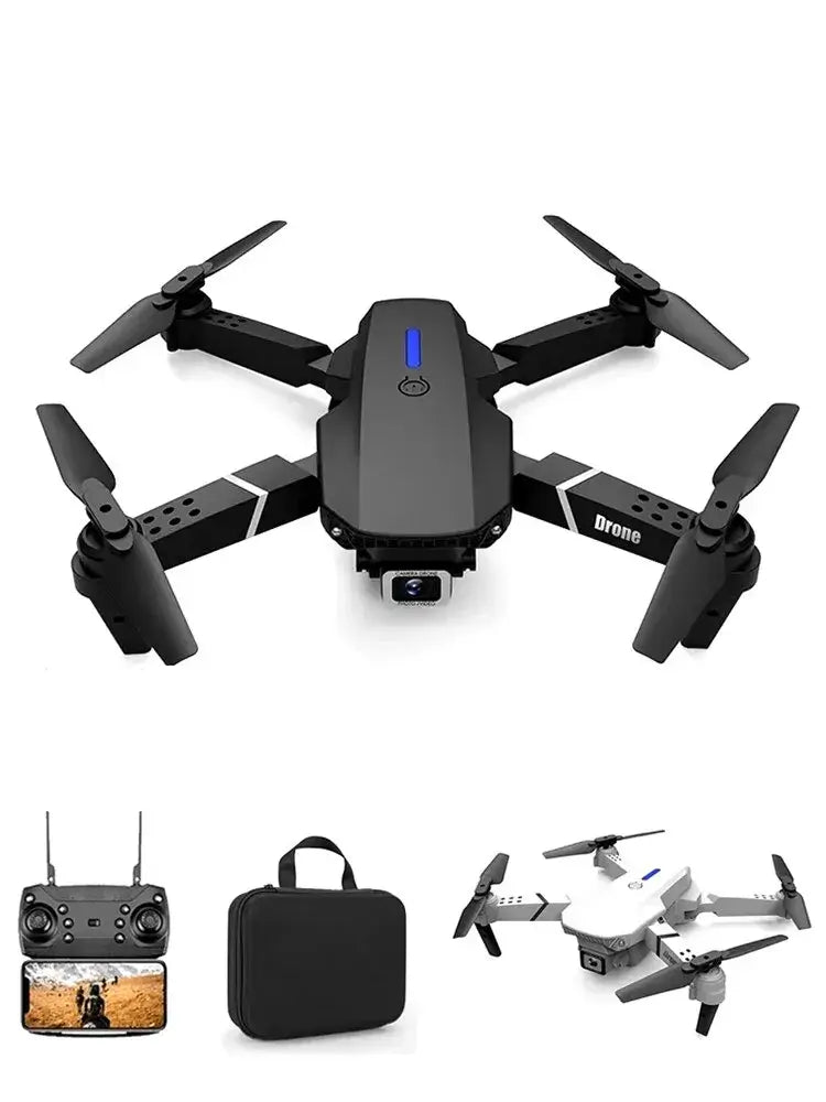E88 Pro black foldable drone with remote control, carrying case, and additional drone on a white background