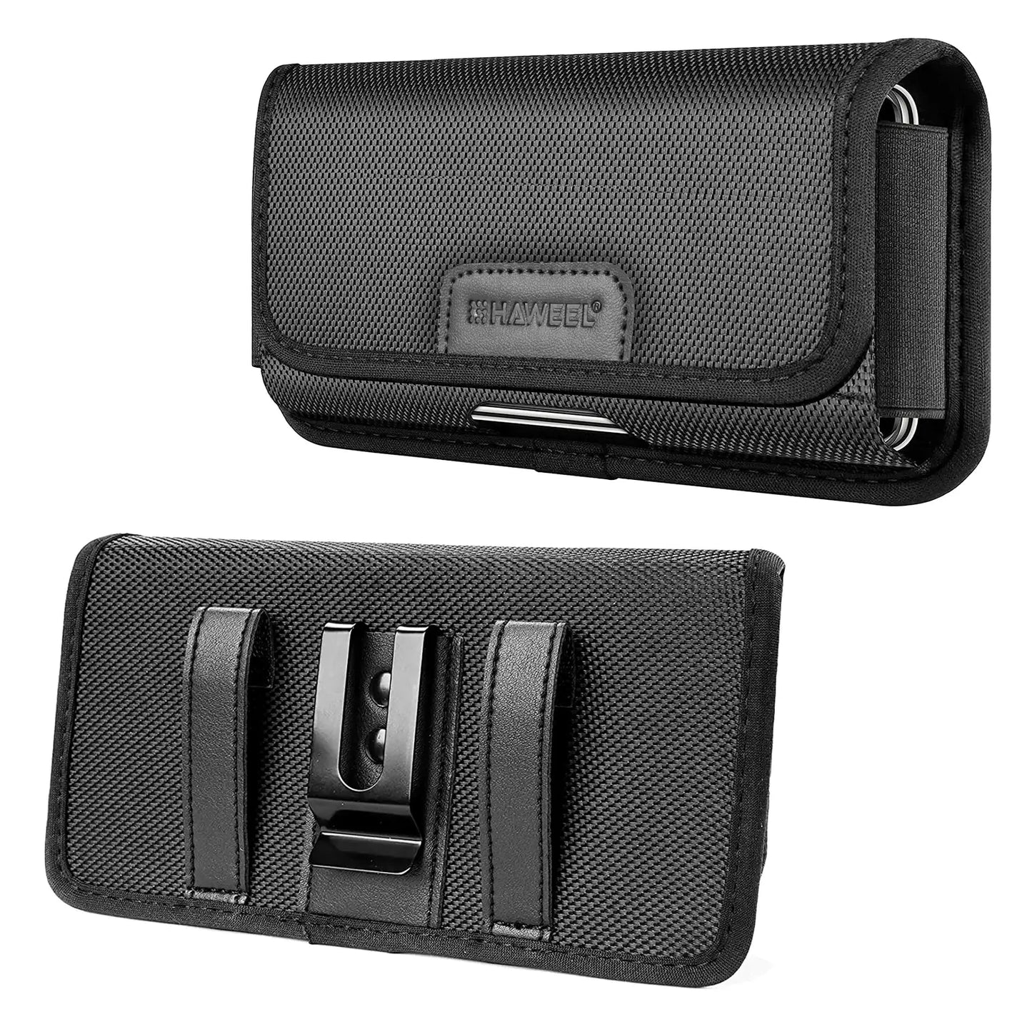 Black phone holster with visible brand logo on a white background