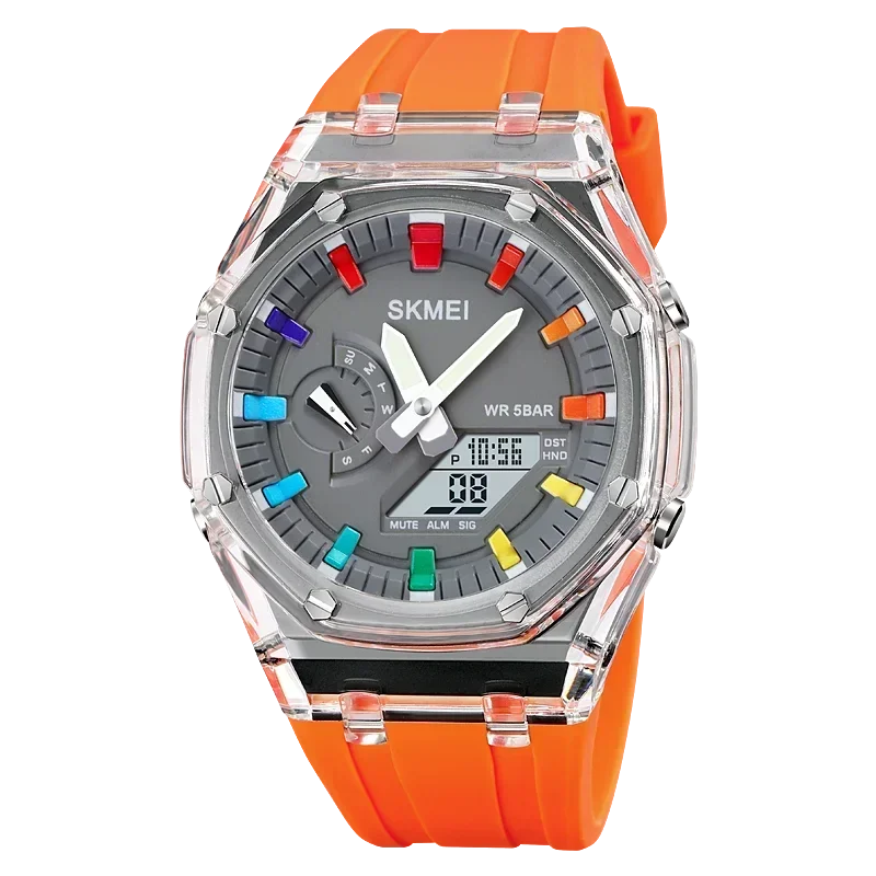 SKMEI men’s analog-digital watch with transparent case, orange silicone strap, and colorful dial markers