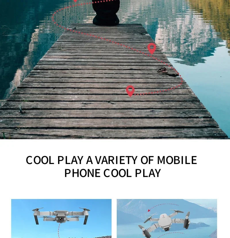 Wooden dock over water with text overlay and drone images at the bottom.