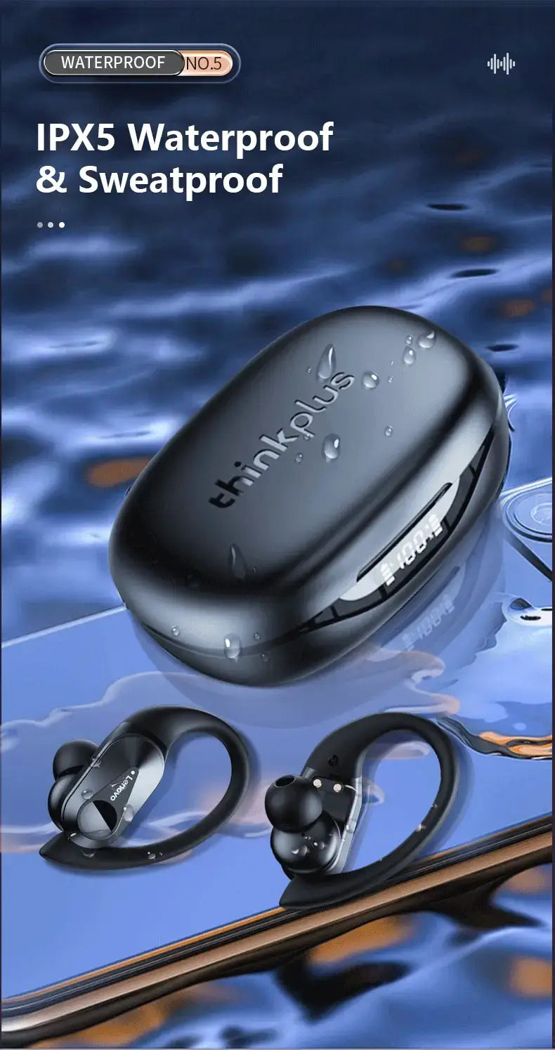 Black waterproof earbuds with charging case on a water background, featuring the Thinkplus brand