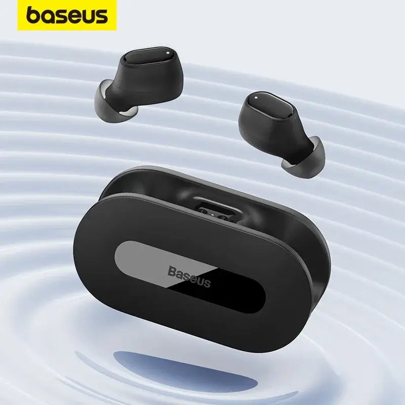 Black wireless earbuds with charging case on a light blue background, featuring the Baseus logo