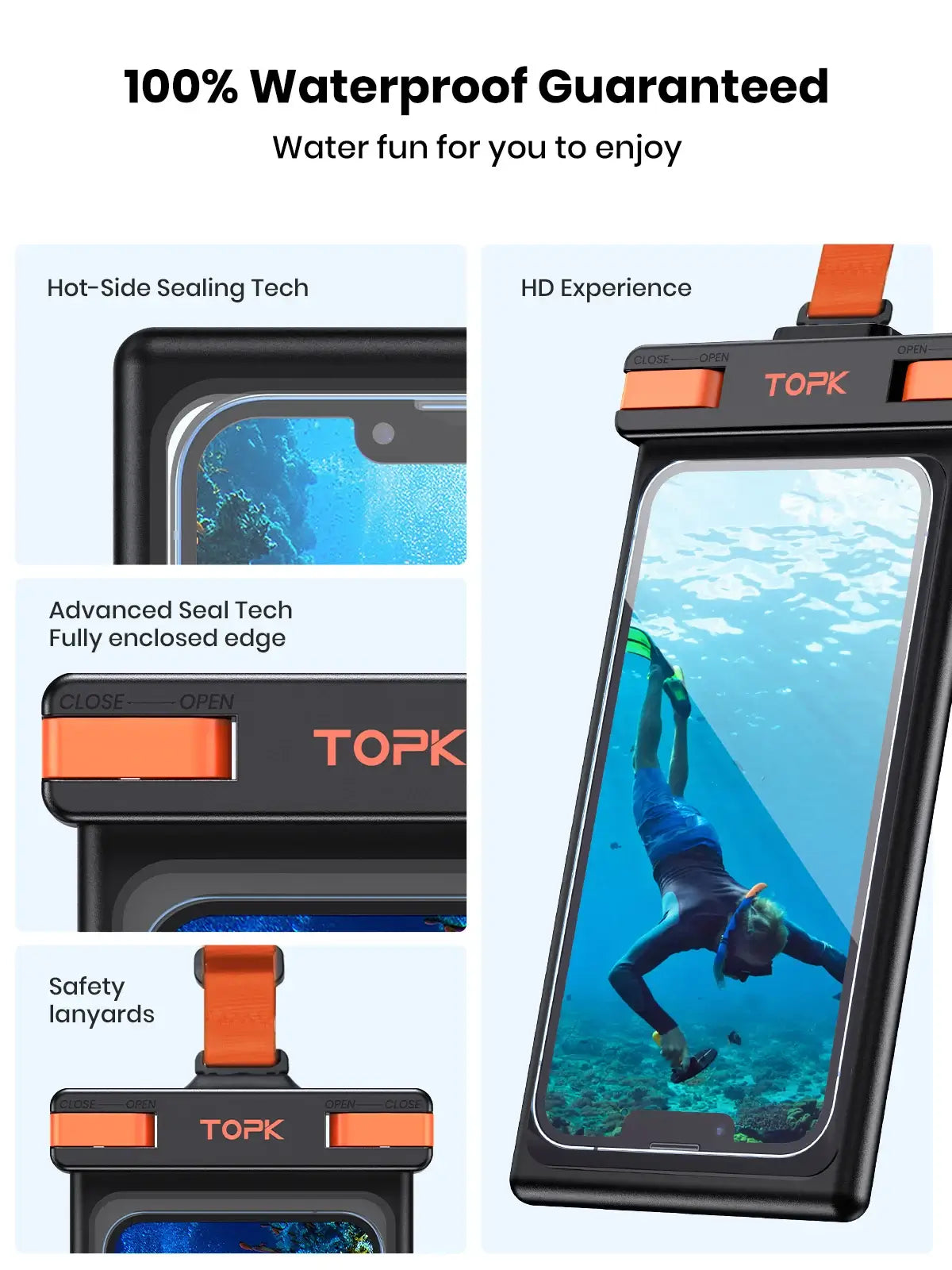 TOPK waterproof phone pouch with listed features and underwater usage illustration