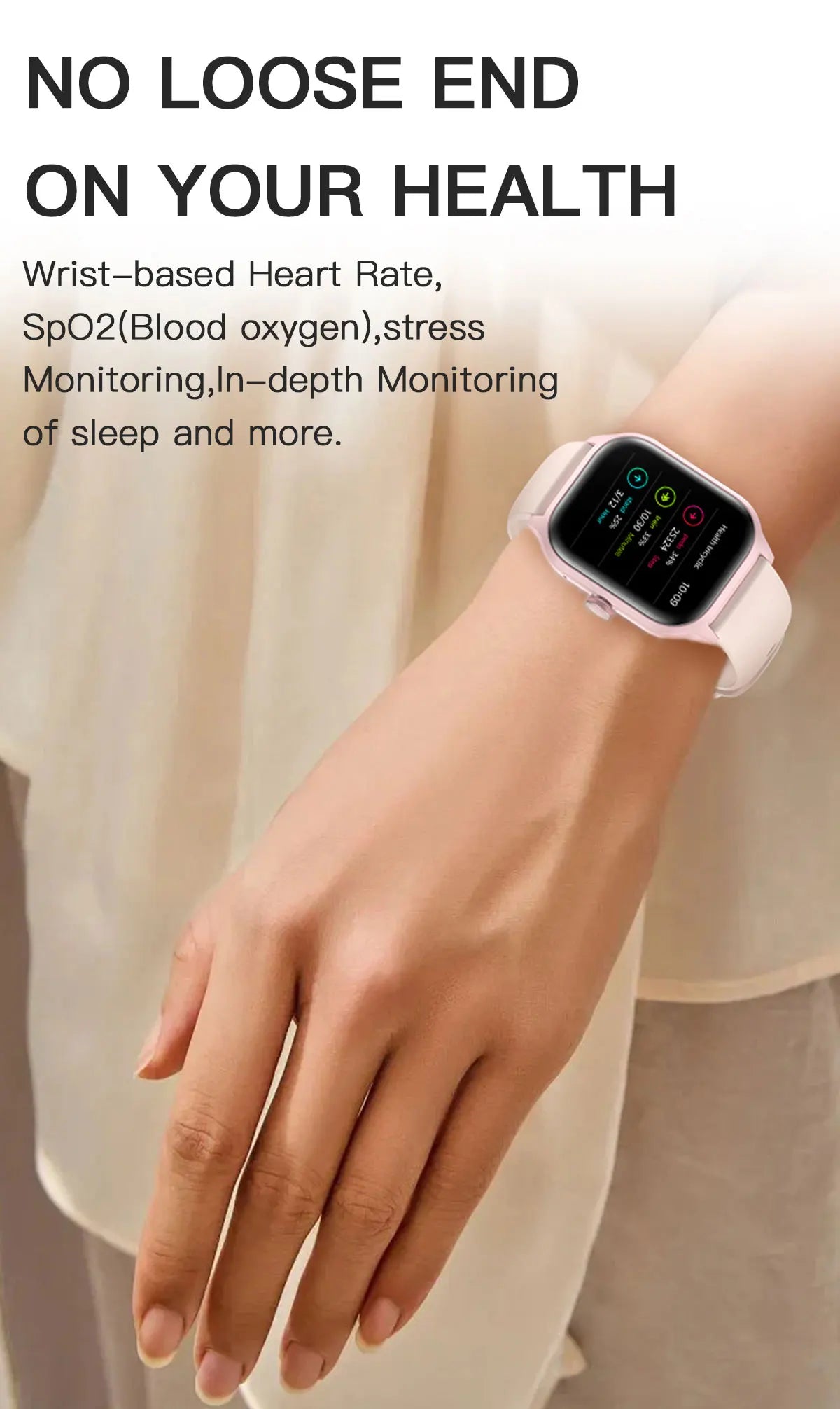 Smartwatch on a wrist with text highlighting health monitoring features.