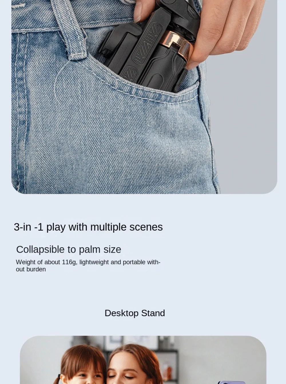 Hand holding a black device in a pocket with promotional text about its features.
