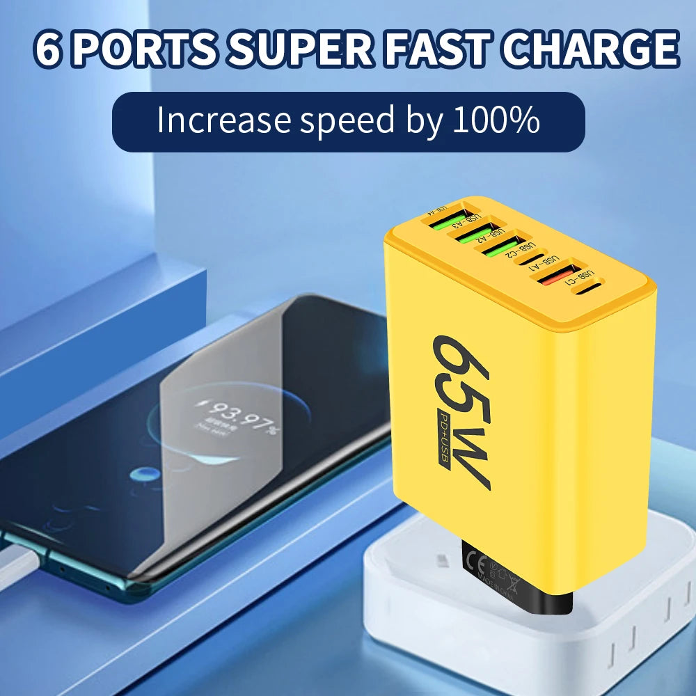 Yellow 6-port charging station with smartphone on a blue background
