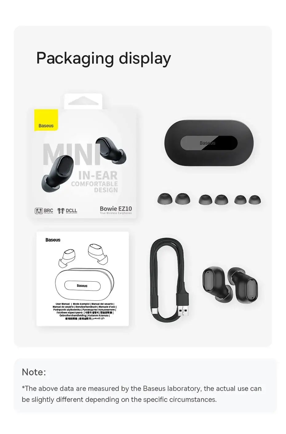 Baseus in-ear comfortable earbuds packaging with accessories displayed on a white background