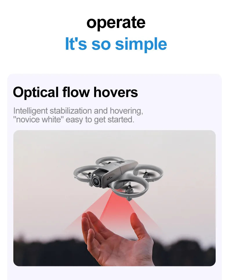 Small drone hovering above a hand with text about optical flow and simplicity.