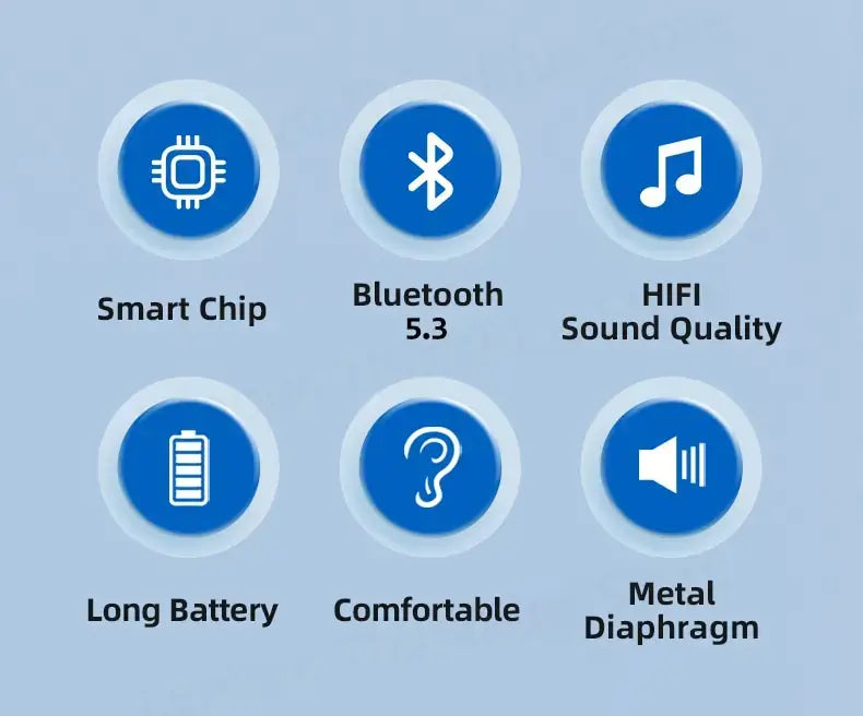 List of features with icons and text on a blue background