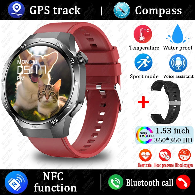 Smartwatch with red band displaying a dog and cat on the screen, surrounded by feature icons.