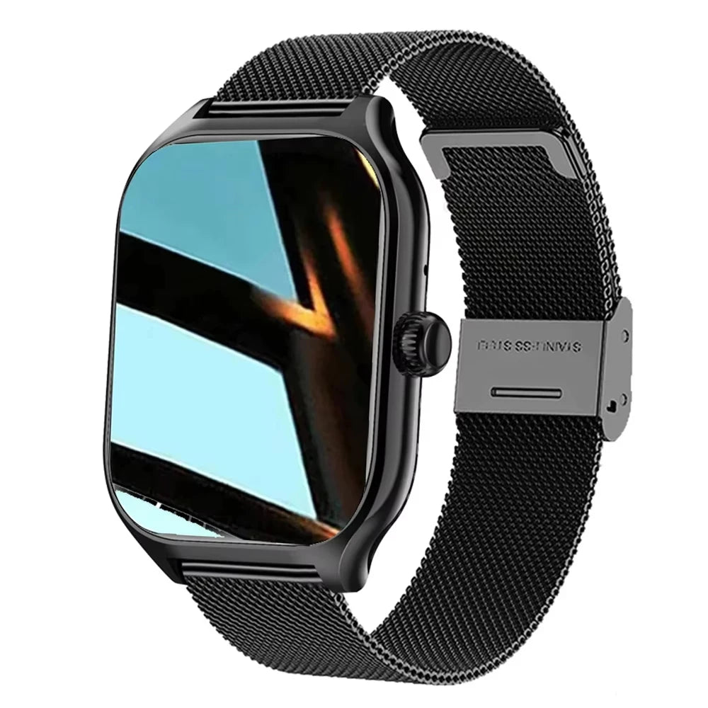 Smartwatch with black mesh band on a white background