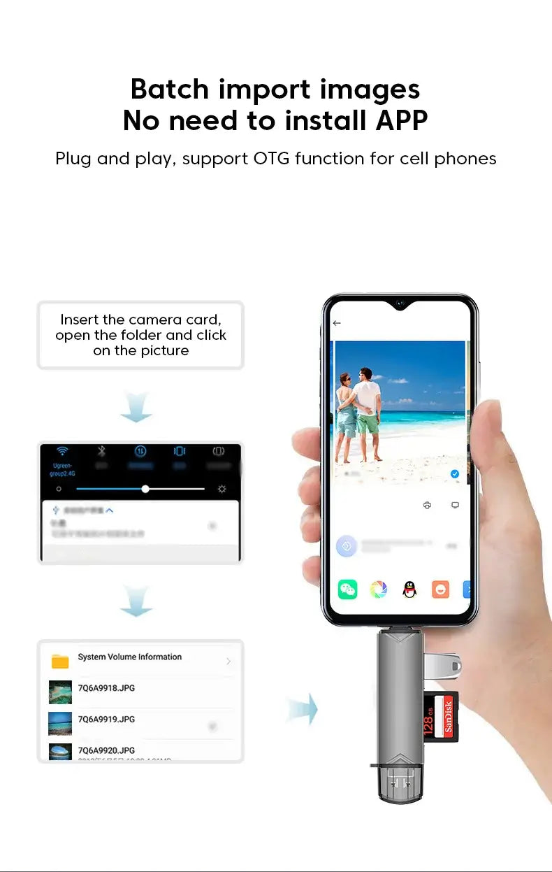 Hand holding a smartphone with a card reader, displaying an app interface for batch importing images