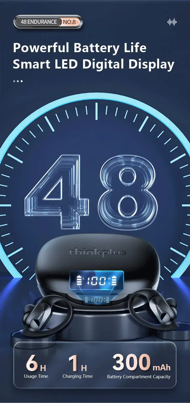 Smart earbuds with digital display and charging information displayed on a blue background