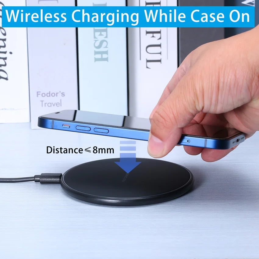 30W wireless charging pad powering iPhone through case with up to 8mm distance.