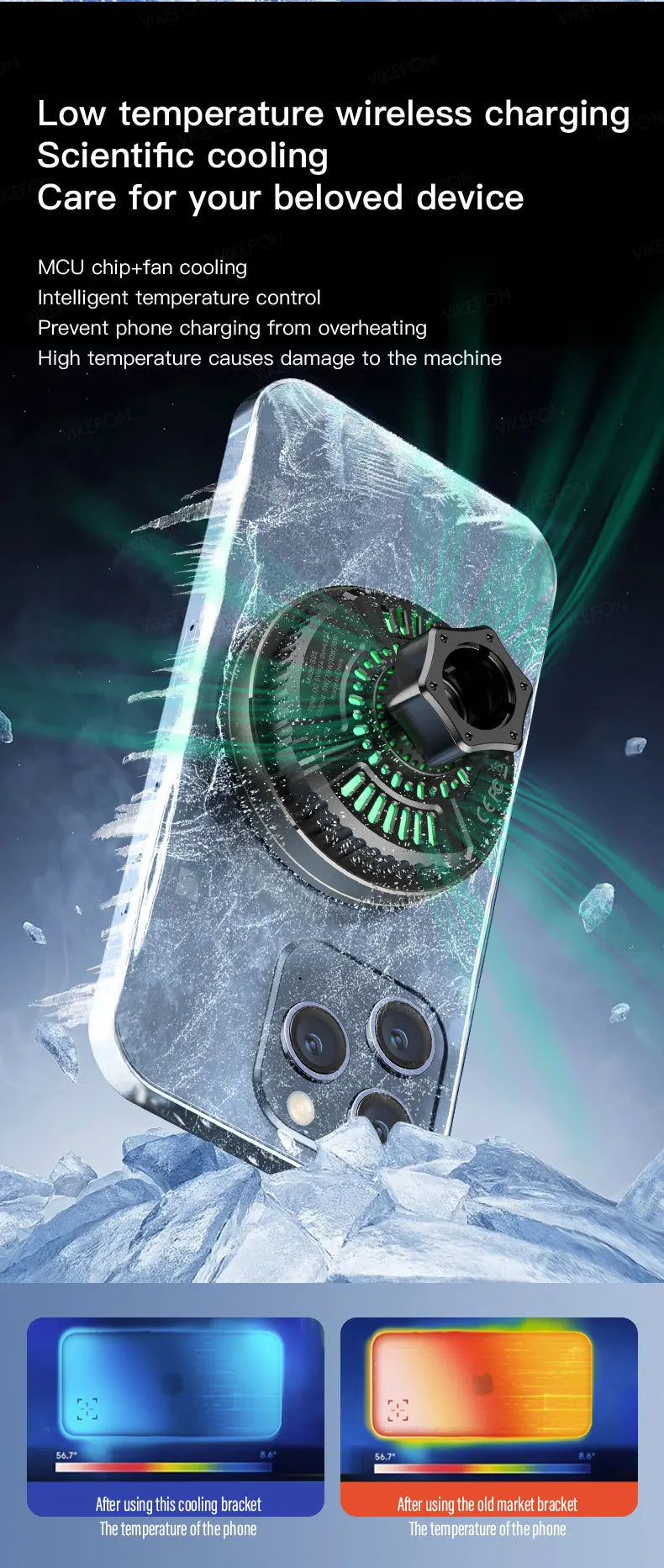 Phone with cooling technology displayed on a dark background