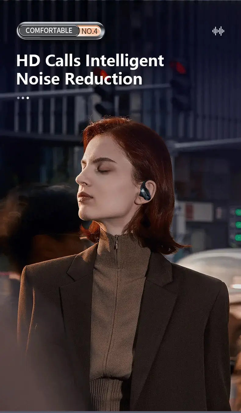 Person wearing a wireless earbud with text highlighting HD calls and intelligent noise reduction